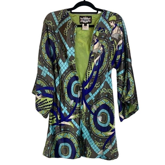 Rare Meghan LA Silk Art Deco Flapper Lady Print Stunning Bold Tunic Dress Size 6 - Picture 3 of 12